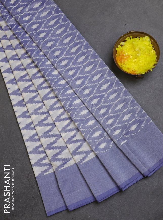 Ikat cotton saree off white and blue shade with allover ikat zig zag weaves and simple border