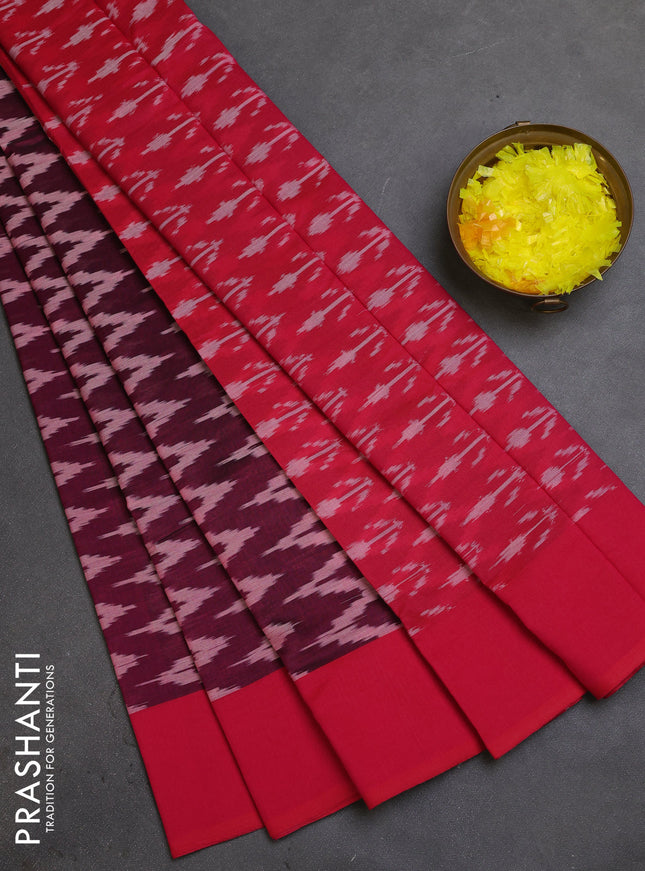 Ikat cotton saree wine shade and reddish pink with allover ikat zig zag weaves and simple border