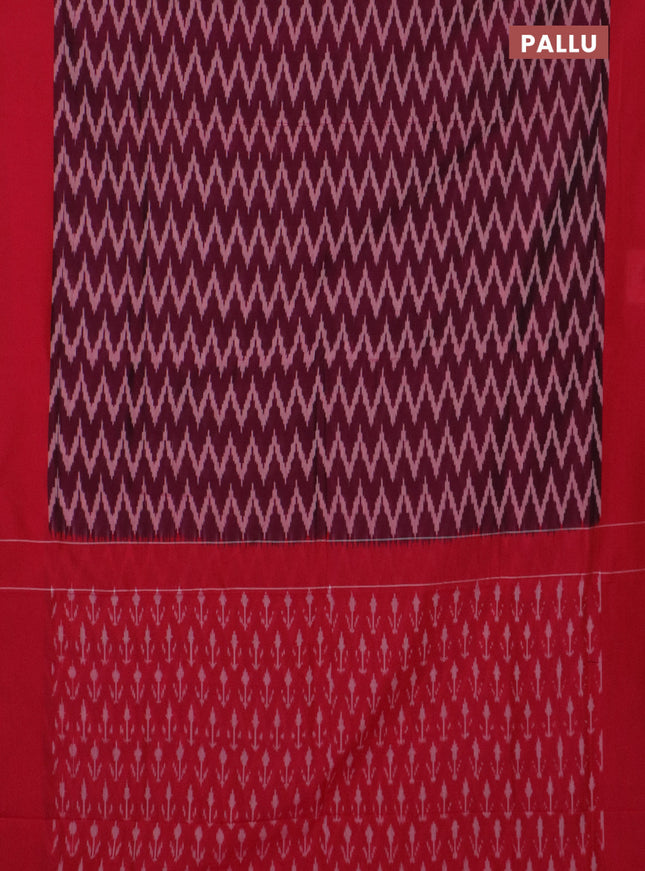 Ikat cotton saree wine shade and reddish pink with allover ikat zig zag weaves and simple border