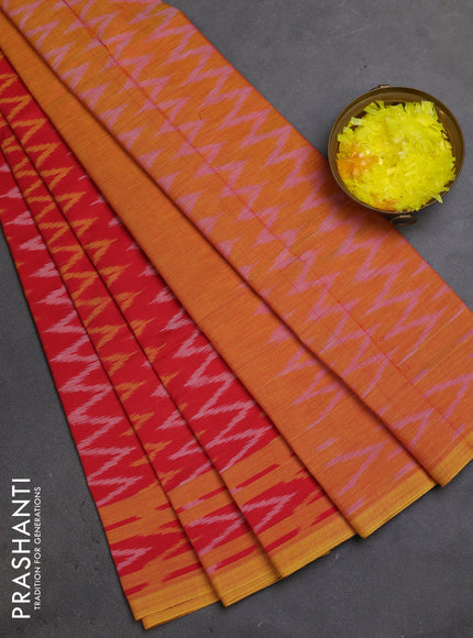 Ikat cotton saree red and yellow with allover ikat zig zag weaves and rettapet ikat border