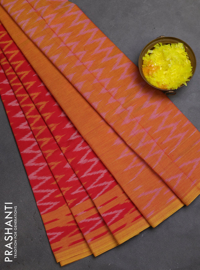 Ikat cotton saree red and yellow with allover ikat zig zag weaves and rettapet ikat border
