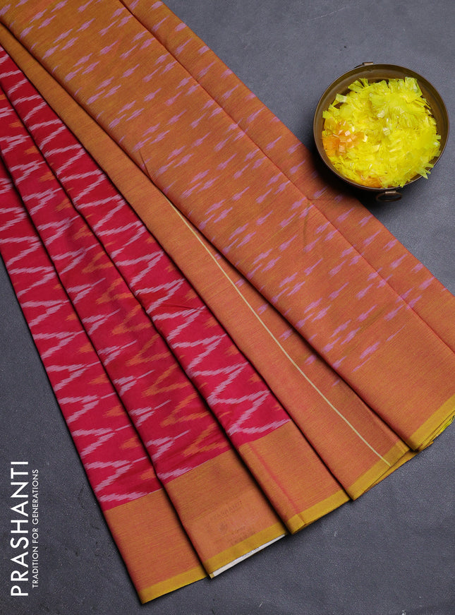 Ikat cotton saree pink and mustard yellow with allover ikat zig zag weaves and simple border