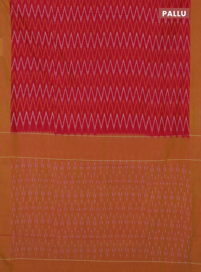 Ikat cotton saree pink and mustard yellow with allover ikat zig zag weaves and simple border
