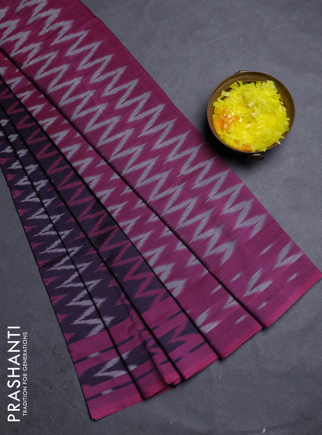 Ikat cotton saree deep jamun and magenat pink with allover ikat zig zag weaves and rettapet ikat border