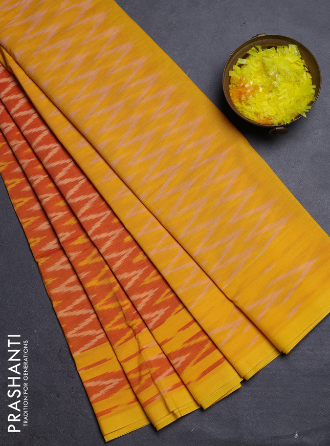 Ikat cotton saree dual shade of orange and yellow with allover ikat zig zag weaves and rettapet ikat border