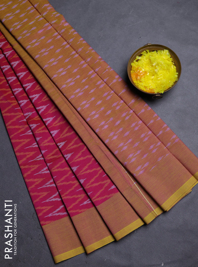 Ikat cotton saree pink and mustard yellow with allover ikat zig zag weaves and simple border