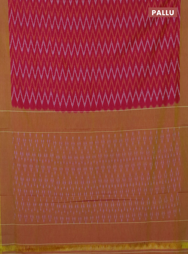 Ikat cotton saree pink and mustard yellow with allover ikat zig zag weaves and simple border