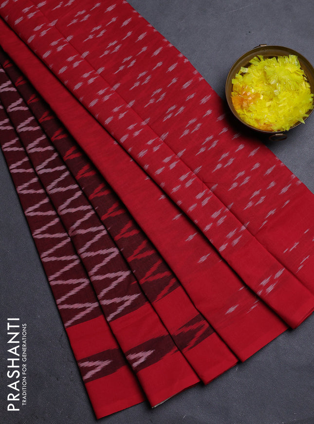 Ikat cotton saree maroon and red with allover ikat zig zag weaves and rettapet ikat border