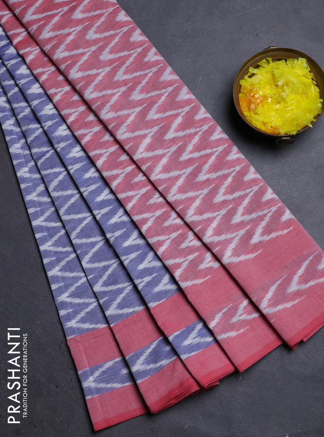Ikat cotton saree blue and red with allover ikat zig zag weaves and rettapet ikat border