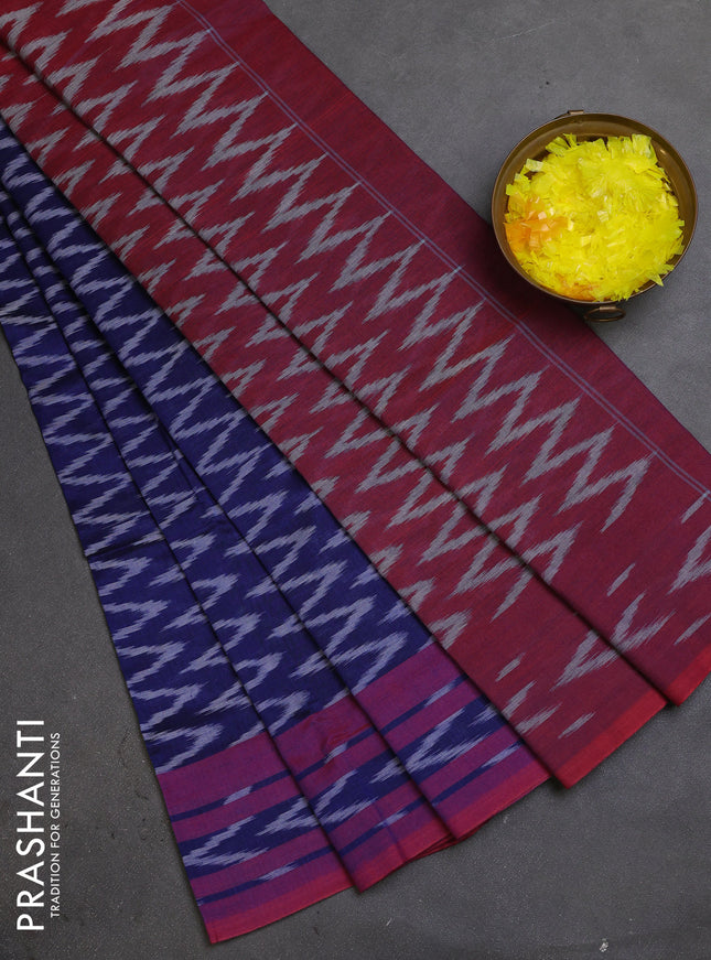 Ikat cotton saree blue and dual shade of maroon with allover ikat zig zag weaves and rettapet ikat border