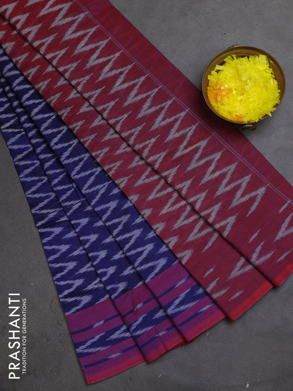 Ikat cotton saree blue and dual shade of maroon with allover ikat zig zag weaves and rettapet ikat border