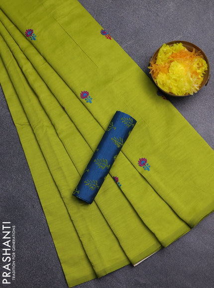 Semi silk cotton saree fluorescent green and cs blue with embroidery buttas in borderless style
