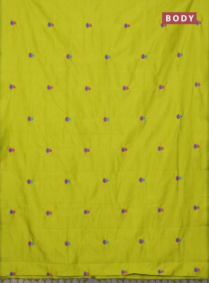 Semi silk cotton saree fluorescent green and cs blue with embroidery buttas in borderless style