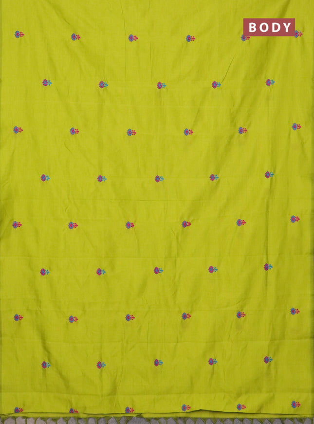 Semi silk cotton saree fluorescent green and cs blue with embroidery buttas in borderless style
