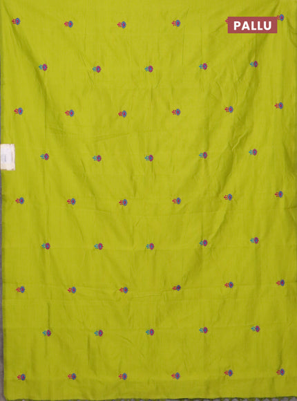 Semi silk cotton saree fluorescent green and cs blue with embroidery buttas in borderless style