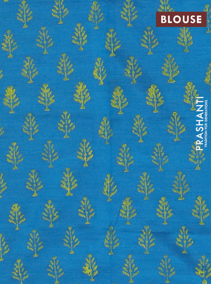 Semi silk cotton saree fluorescent green and cs blue with embroidery buttas in borderless style