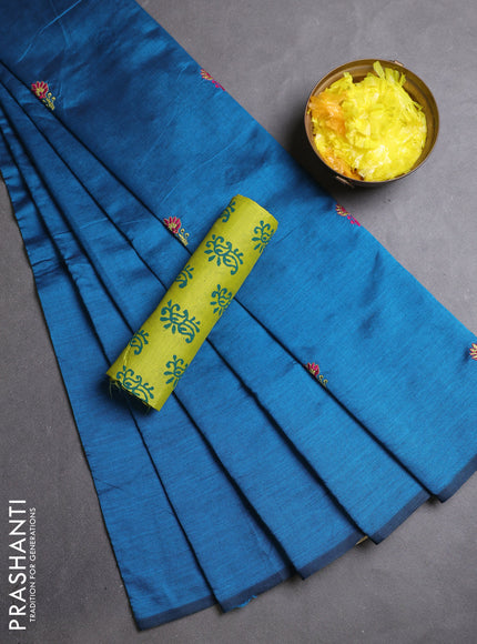 Semi silk cotton saree peacock blue and lime green with embroidery buttas in borderless style
