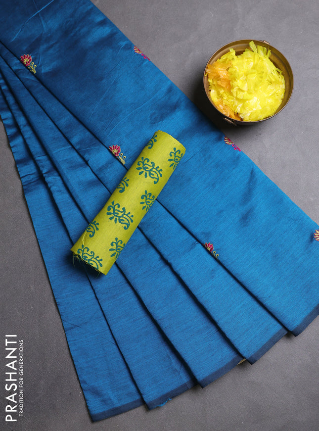 Semi silk cotton saree peacock blue and lime green with embroidery buttas in borderless style