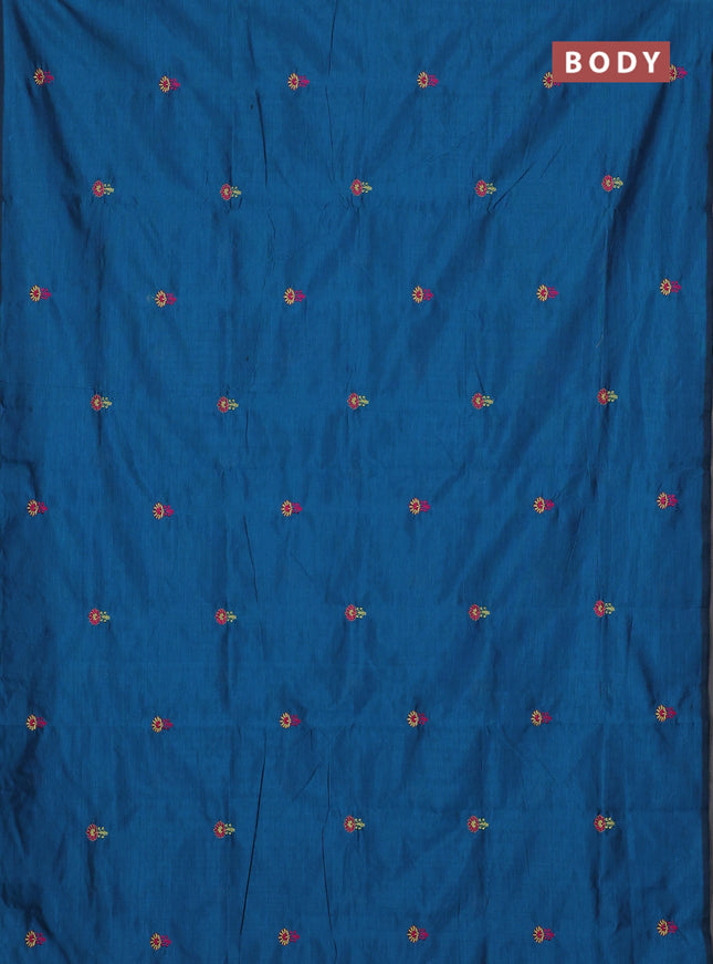 Semi silk cotton saree peacock blue and lime green with embroidery buttas in borderless style