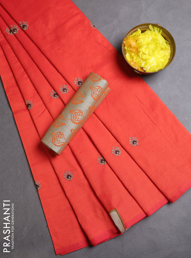 Semi silk cotton saree orange and beige with embroidery buttas in borderless style