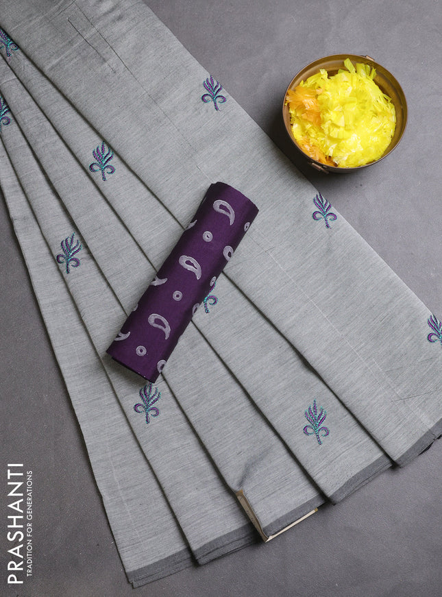 Semi silk cotton saree grey and purple with embroidery buttas in borderless style