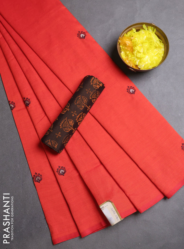 Semi silk cotton saree orange and coffee brown with embroidery buttas in borderless style