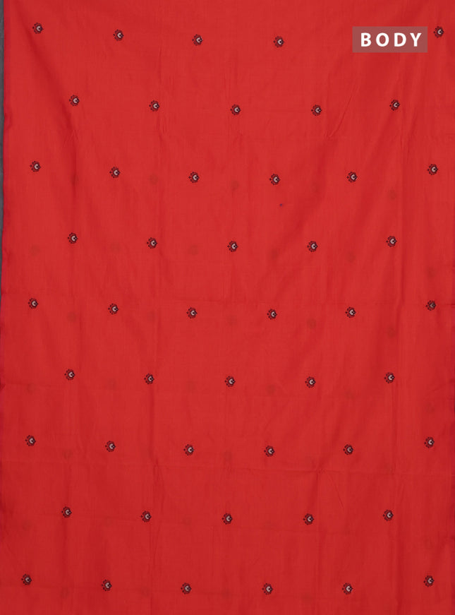 Semi silk cotton saree orange and coffee brown with embroidery buttas in borderless style