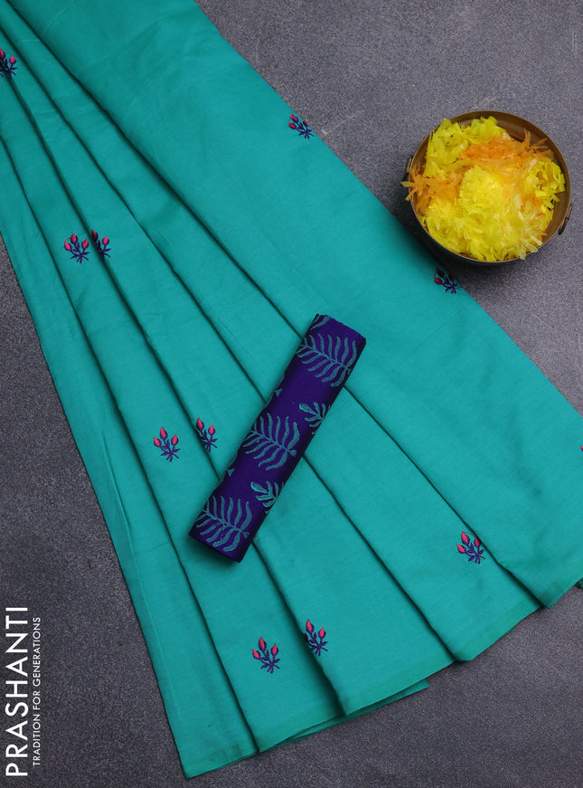 Semi silk cotton saree teal blue and blue with embroidery buttas in borderless style