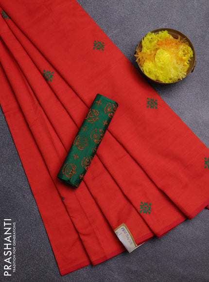 Semi silk cotton saree orange and green with embroidery buttas in borderless style