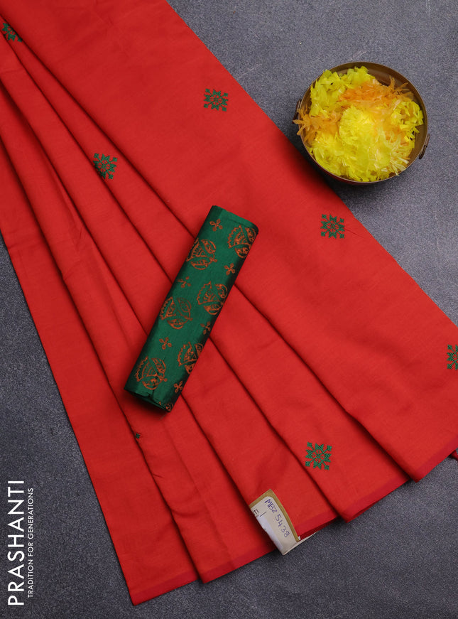 Semi silk cotton saree orange and green with embroidery buttas in borderless style
