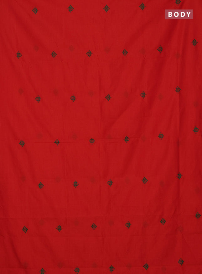 Semi silk cotton saree orange and green with embroidery buttas in borderless style