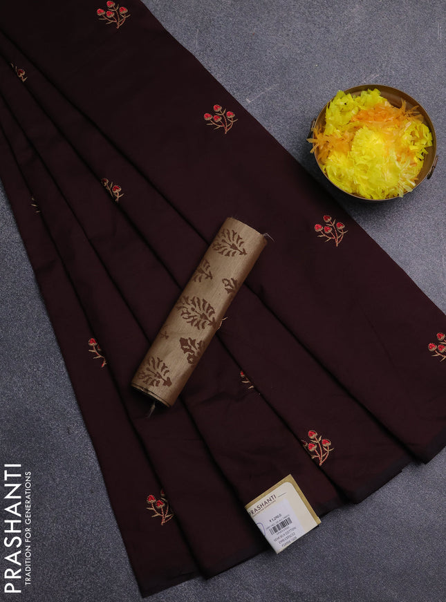 Semi silk cotton saree deep maroon and sandal with embroidery buttas in borderless style