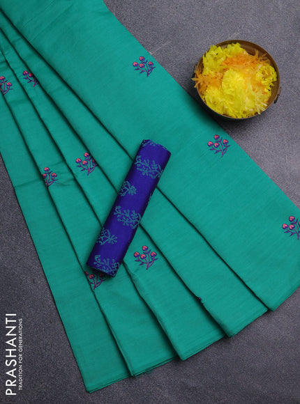 Semi silk cotton saree teal green and blue with embroidery buttas in borderless style