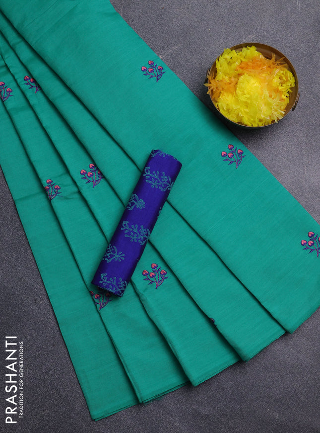 Semi silk cotton saree teal green and blue with embroidery buttas in borderless style