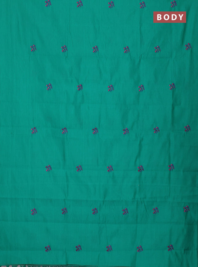 Semi silk cotton saree teal green and blue with embroidery buttas in borderless style