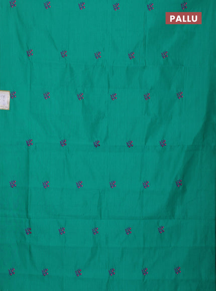 Semi silk cotton saree teal green and blue with embroidery buttas in borderless style