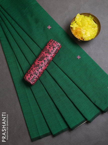 Semi silk cotton saree green and light pink with embroidery buttas in borderless style