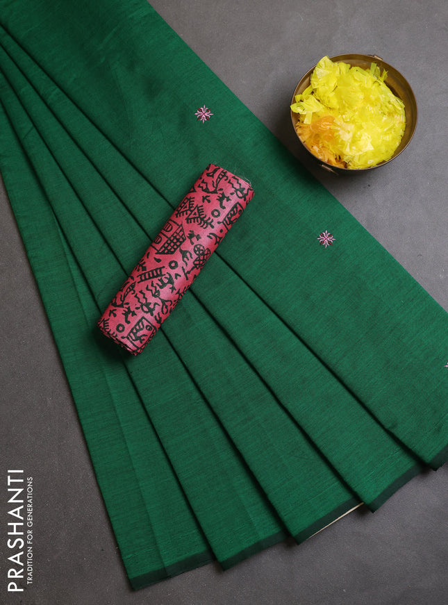 Semi silk cotton saree green and light pink with embroidery buttas in borderless style