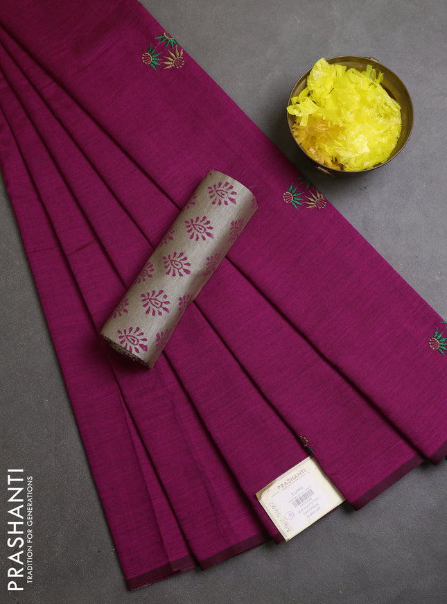Semi silk cotton saree magenta pink and beige with embroidery buttas in borderless style