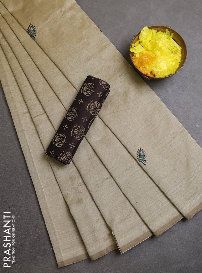 Semi silk cotton saree beige and coffee brown with embroidery buttas in borderless style