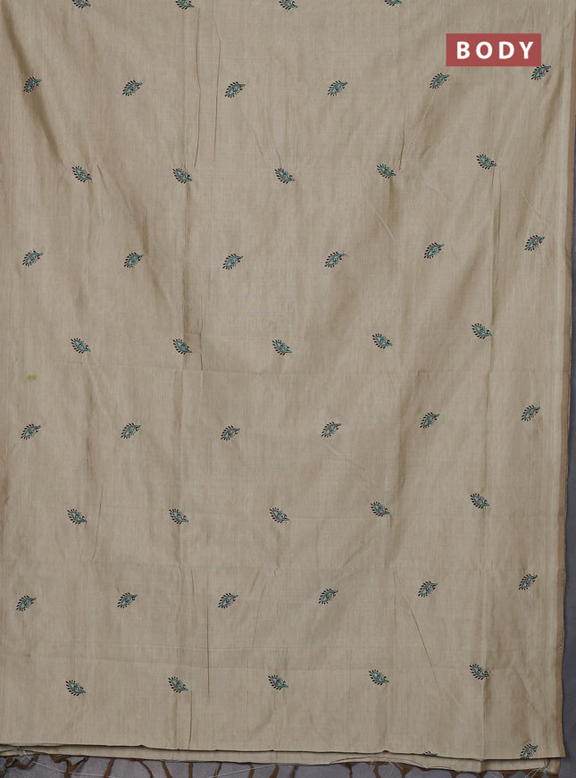 Semi silk cotton saree beige and coffee brown with embroidery buttas in borderless style