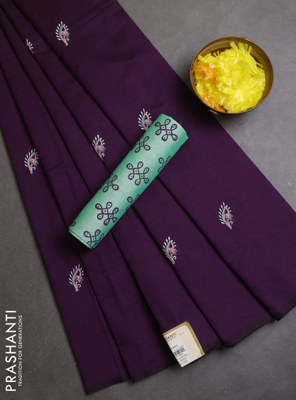 Semi silk cotton saree purple and teal green shade with embroidery buttas in borderless style