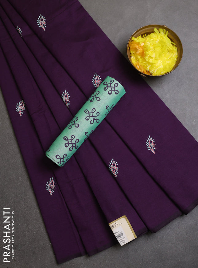 Semi silk cotton saree purple and teal green shade with embroidery buttas in borderless style