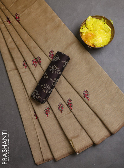Semi silk cotton saree sandal and coffee brown with embroidery buttas in borderless style