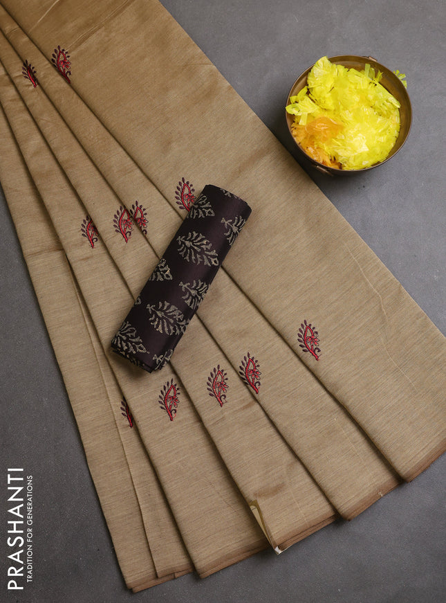 Semi silk cotton saree sandal and coffee brown with embroidery buttas in borderless style
