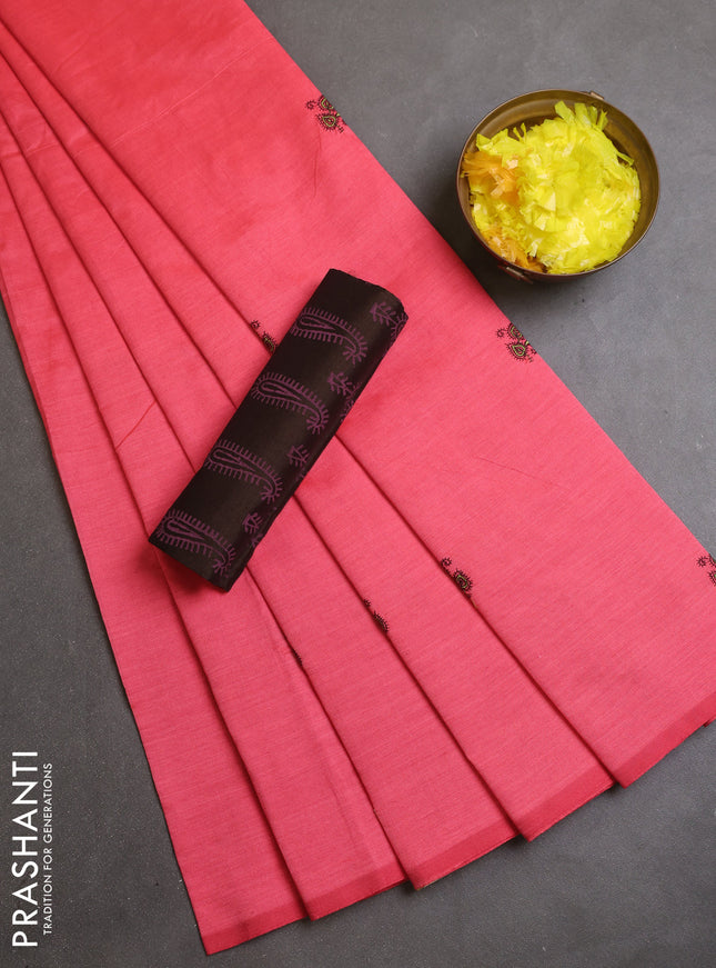 Semi silk cotton saree peach pink and coffee brown with embroidery buttas in borderless style