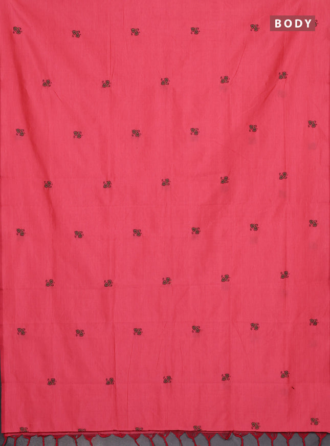 Semi silk cotton saree peach pink and coffee brown with embroidery buttas in borderless style