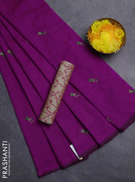 Semi silk cotton saree purple and beige with embroidery buttas in borderless style