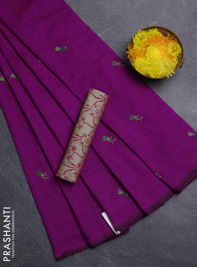 Semi silk cotton saree purple and beige with embroidery buttas in borderless style
