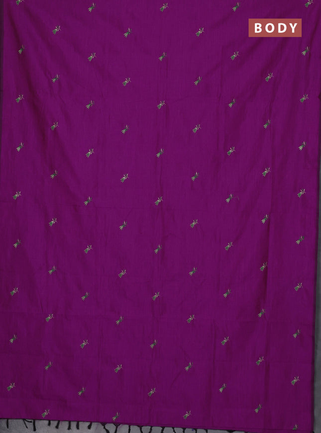 Semi silk cotton saree purple and beige with embroidery buttas in borderless style
